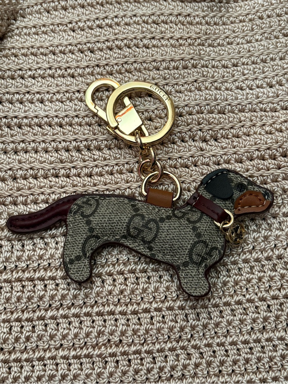 Monogram Dachshund Keychain Charm in Brown & Gold